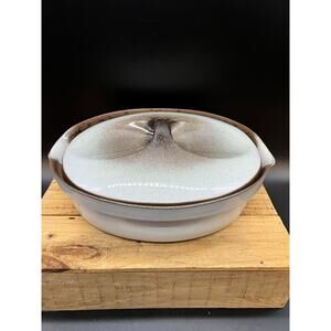 Vintage Blue Brown Oval Ceramic Casserole Dish With Lid Signed